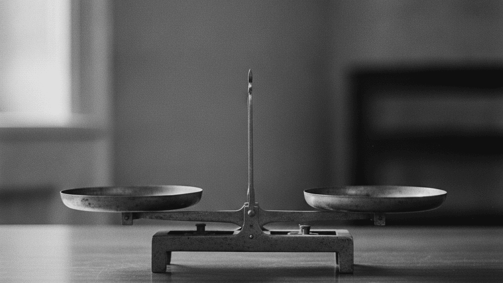 Balance en laiton ancien à deux plateaux vides sur une table en bois, vérification des cinq critères d'éligibilité