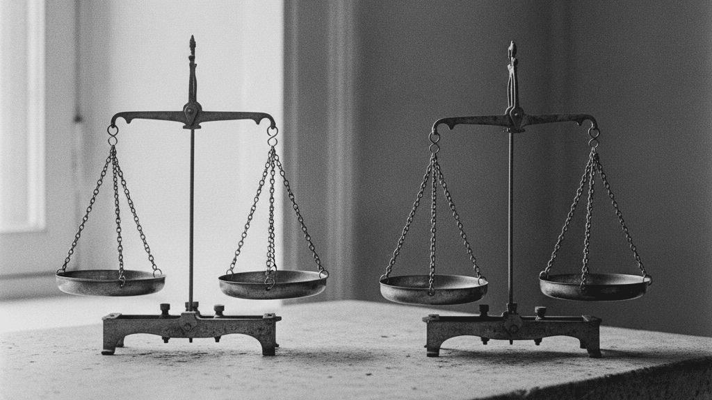 Deux balances d'apothicaire anciennes en laiton côte à côte sur un comptoir de pierre, plafond mutualisé 238 bis AB et mécénat