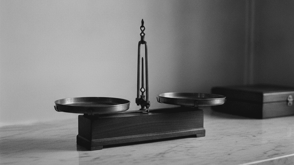 Balance d'apothicaire ancienne sur une surface de marbre, deux plateaux légèrement penchés à des hauteurs différentes, arbitrage TFA versus régime réel