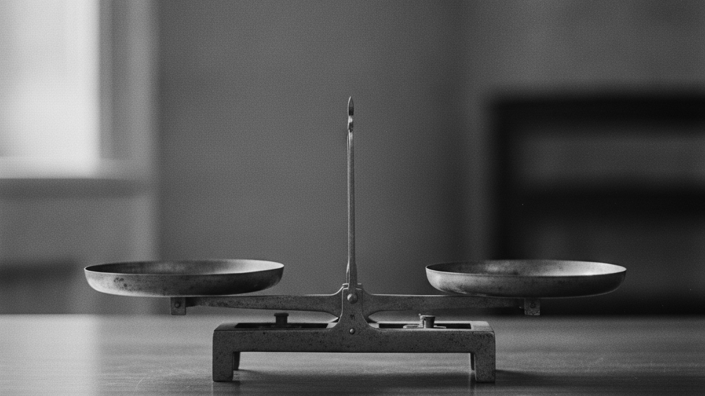 Balance en laiton ancien à deux plateaux vides sur une table en bois, vérification des cinq critères d'éligibilité