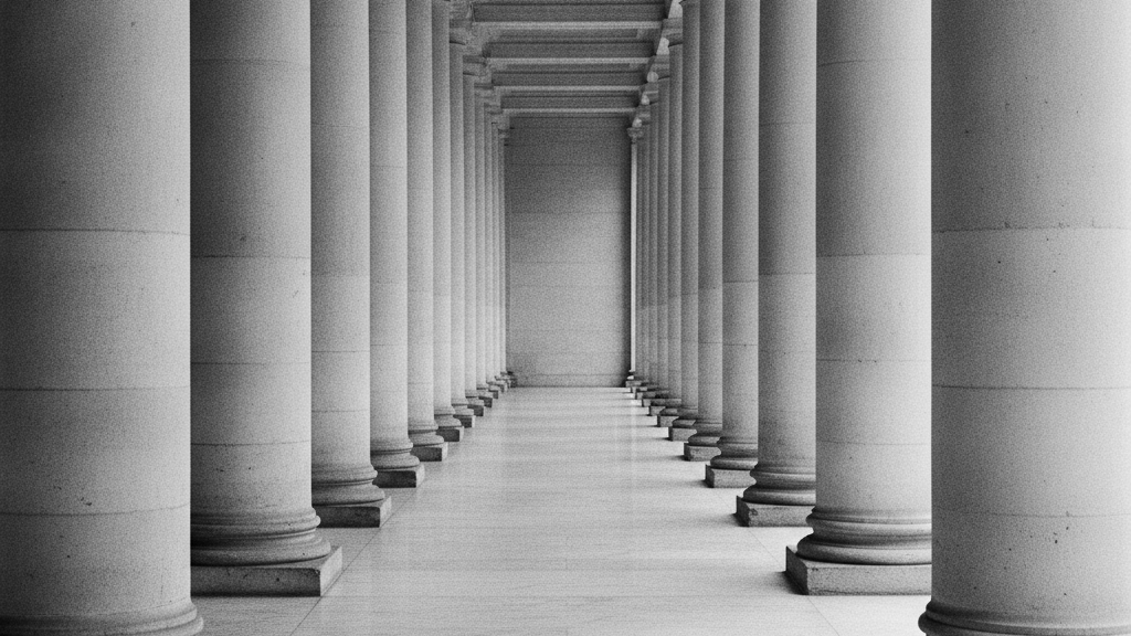 Colonnade d'un bâtiment institutionnel parisien alignée en perspective, sol de marbre poli, lieu d'exposition publique